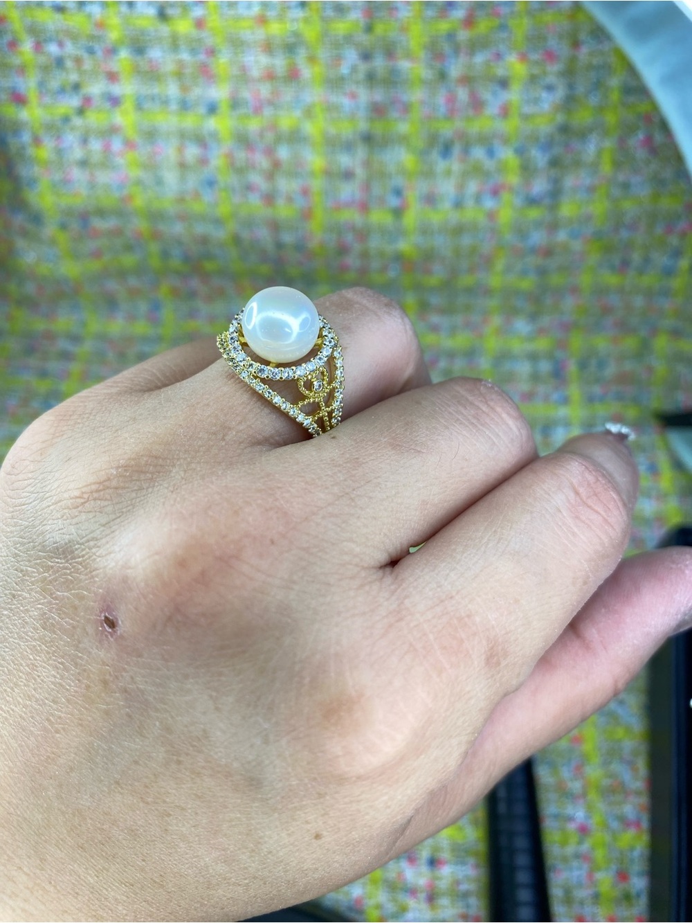 A great fresh water Pearl Halo Statement gold Ring open size 5 to 13